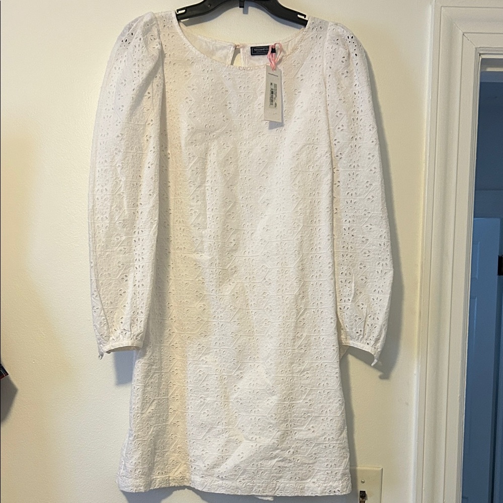 Vineyard Vines- $268 Puff Sleeve Shift, Elegant “White Cap”Eyelet Dress, Medium